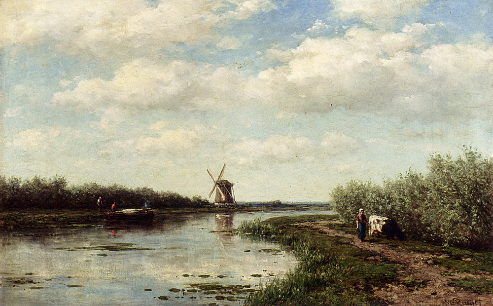 Figures by a Waterway, vintage artwork by Willem Roelofs, 12x8" (A4) Poster