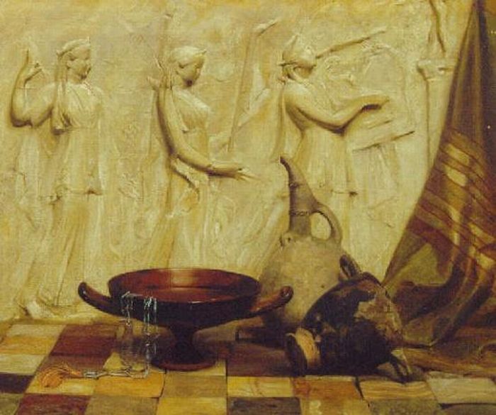 A skyphos, a kylix, a wine jug, and an Egyptian necklace before a Greek frieze, on marble tiles, vintage artwork by Arthur Hacker, 12x8" (A4) Poster