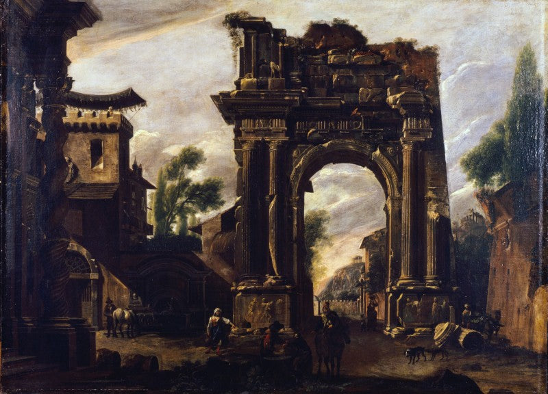 Capriccio with an Arch and Genre Scene, vintage artwork by Viviano Codazzi, 12x8" (A4) Poster