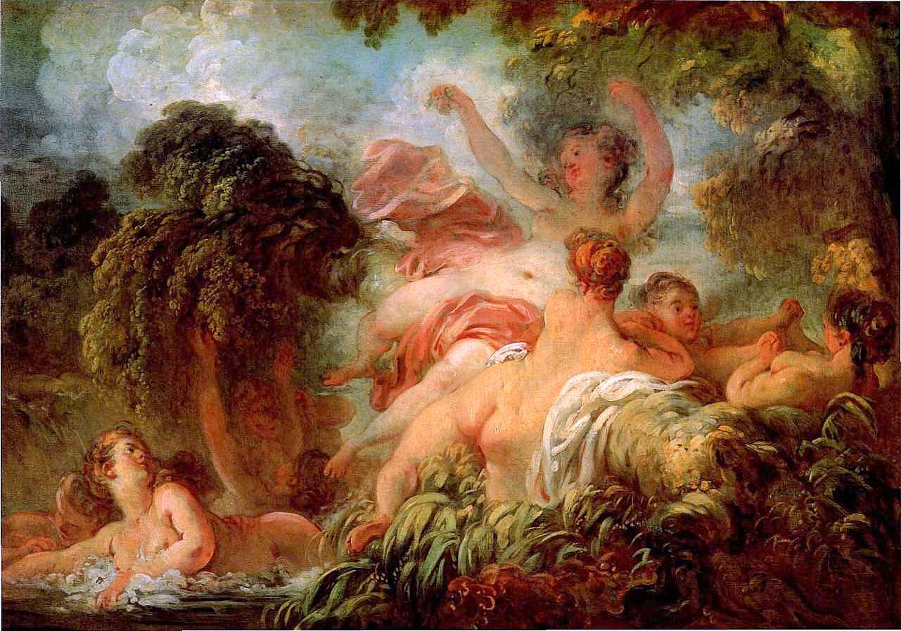 Bathing Girls, vintage artwork by Jean-Honore Fragonard, 12x8" (A4) Poster
