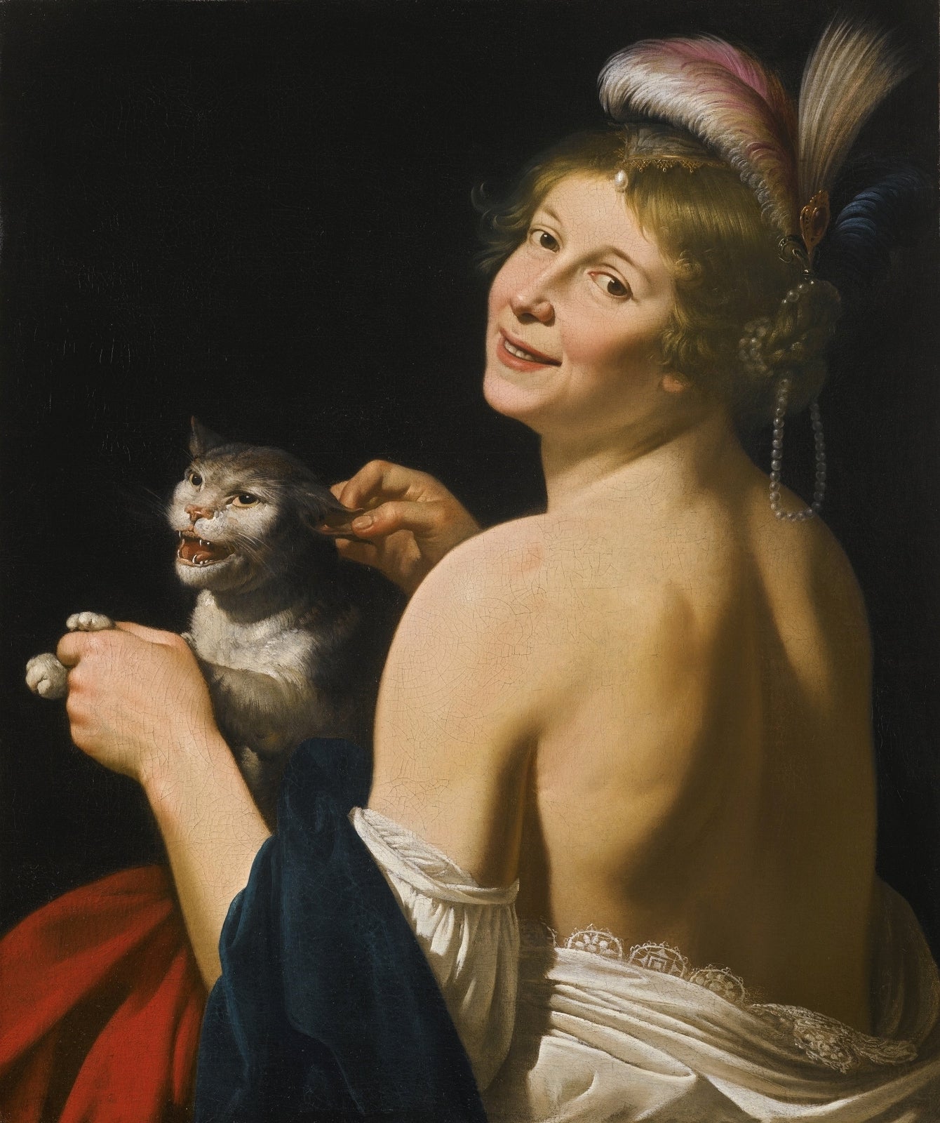A Young Woman Playing with a Cat, vintage artwork by Jan van Bijlert, 12x8" (A4) Poster