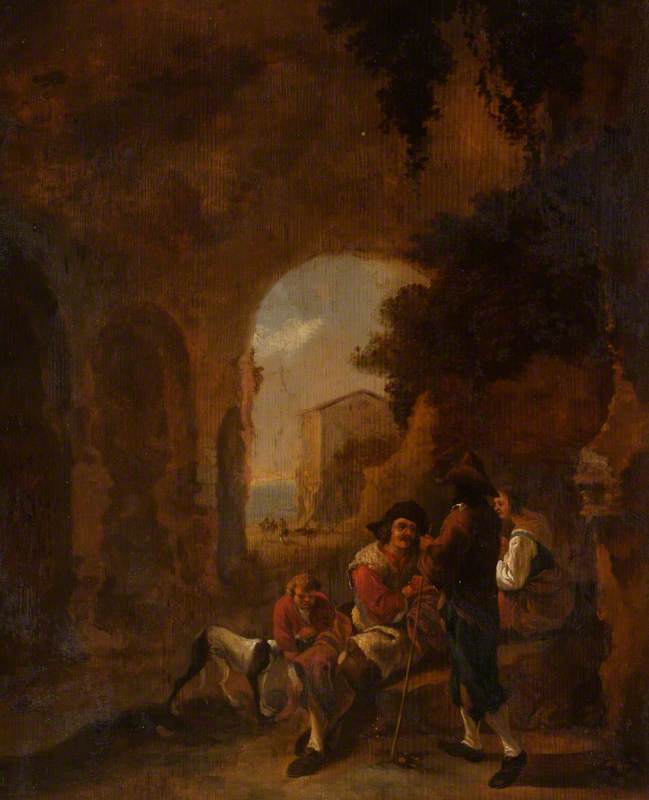 Roman Peasants Conversing in a Grotto amongst Ruins, vintage artwork by Isaac de Moucheron, 12x8" (A4) Poster