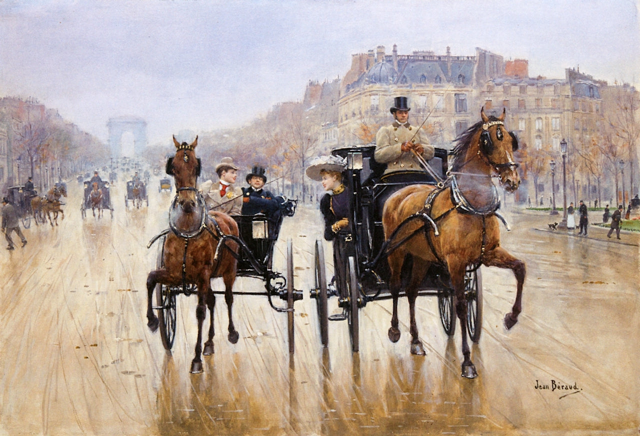 Champs-Élysees Traffic Circle, vintage artwork by Jean-Georges Beraud, 12x8" (A4) Poster