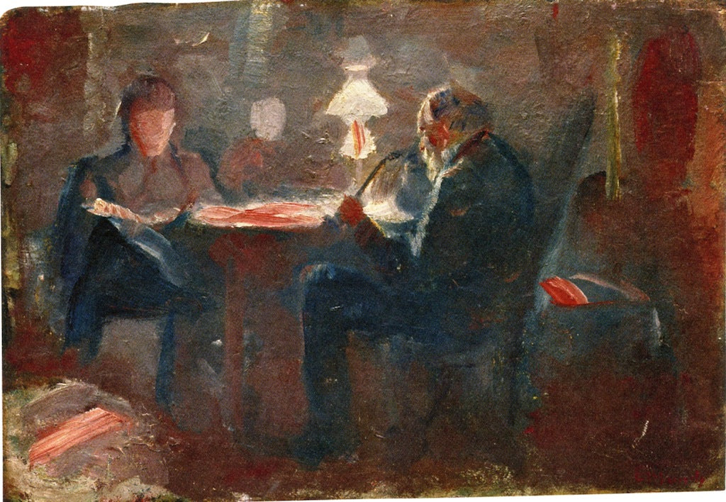 Around the Paraffin Lamp, vintage artwork by Edvard Munch, 12x8" (A4) Poster