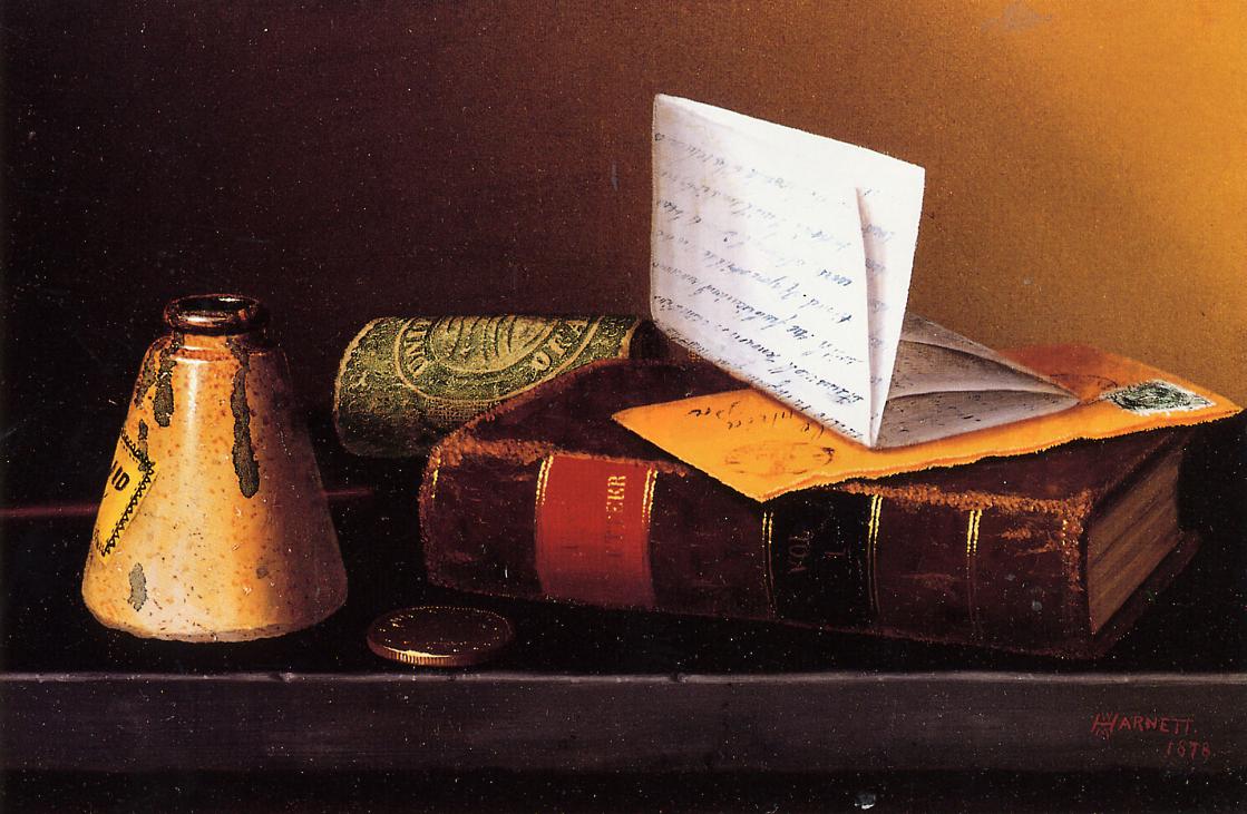 Still Life with Ink Bottle, Book and Letter, vintage artwork by William Michael Harnett, 12x8" (A4) Poster