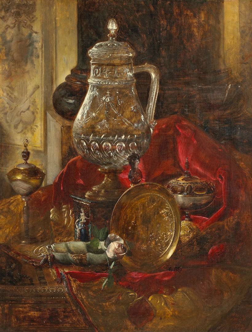 A still life with a crystal tankard and other precious objects arranged on a draped cloth, vintage artwork by Blaise Alexandre Desgoffe, 12x8" (A4) Poster