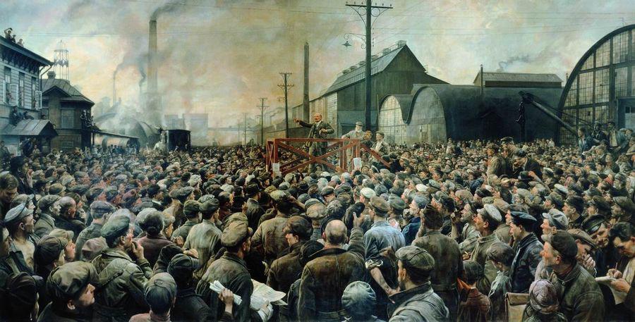 Vladimir Lenin at the Rally of Putilov Plant Workers in May 1917, vintage artwork by Isaak Brodsky, 12x8" (A4) Poster