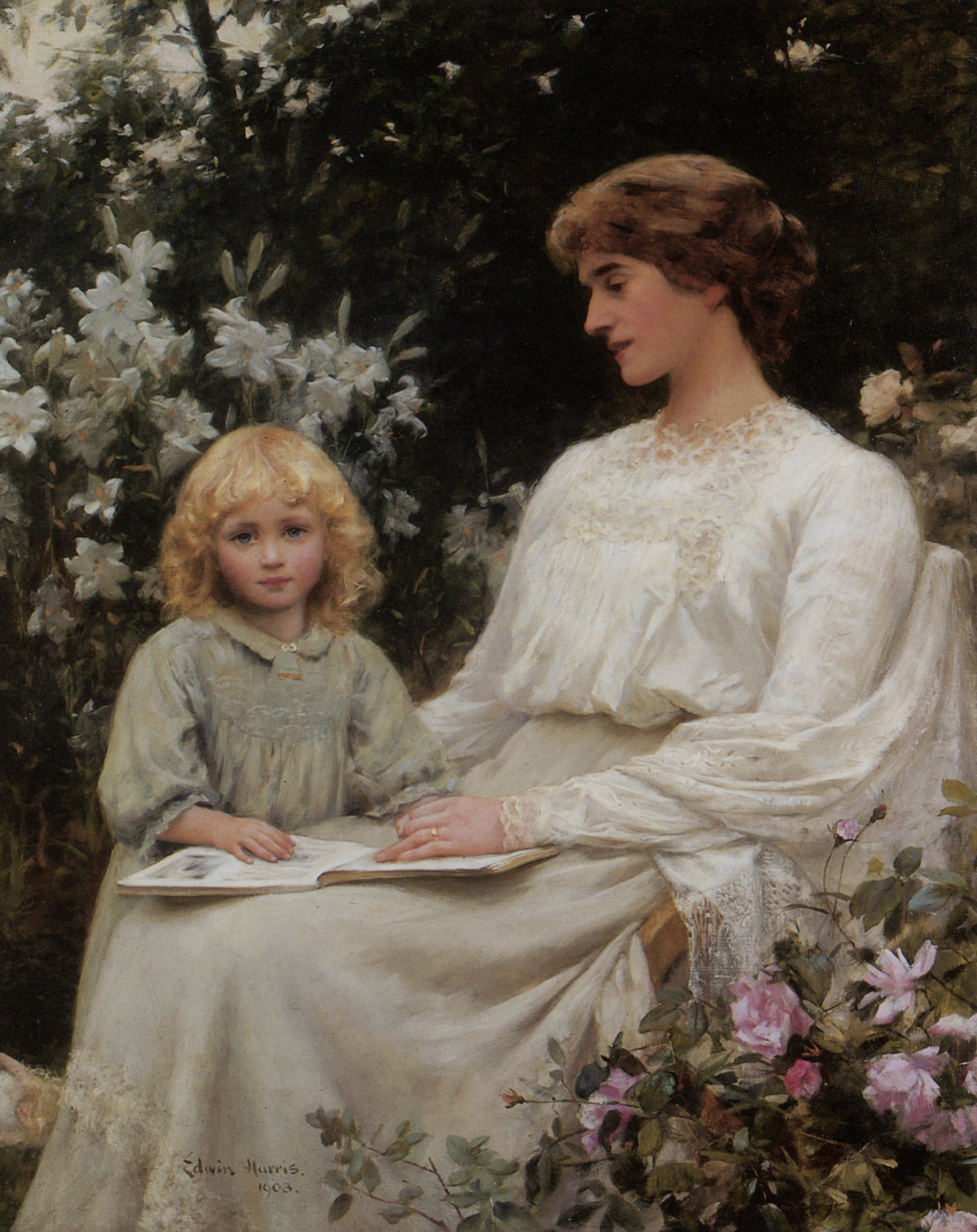 Portrait of a mother and daughter reading a book, vintage artwork by Edwin Harris, 12x8" (A4) Poster