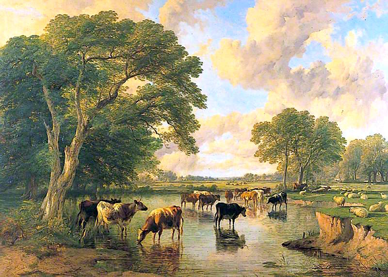 Cattle on the Banks of a River, vintage artwork by Frederick Richard Lee, A3 (16x12") Poster Print