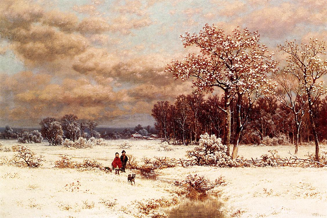 Children in a Snowy Landscape, vintage artwork by William Mason Brown, 12x8" (A4) Poster