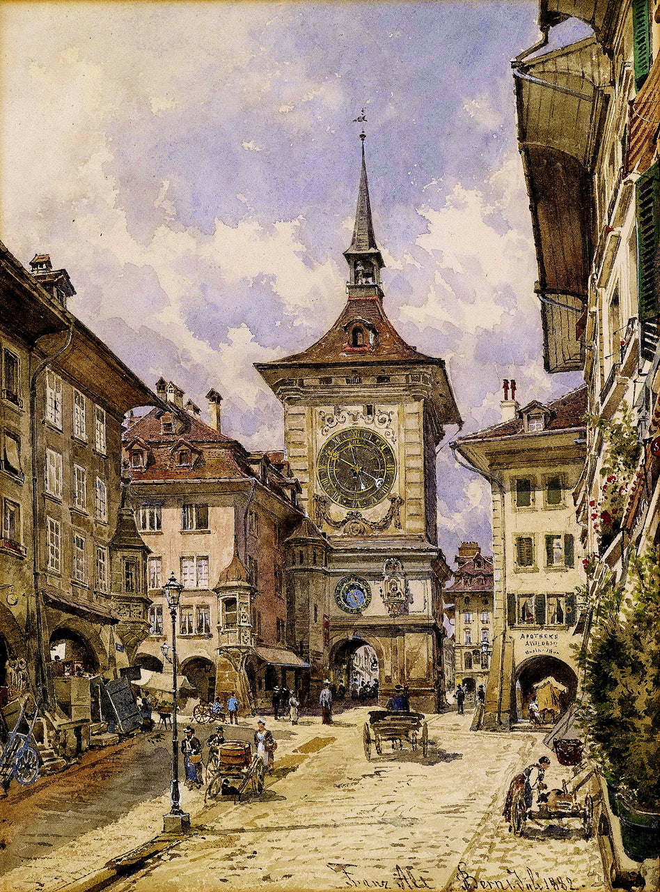The Bern Clock Tower, vintage artwork by Franz von Alt, A3 (16x12") Poster Print
