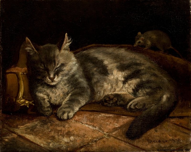 A Sleeping Gray Cat and a Rat, vintage artwork by Adolf von Becker, 12x8" (A4) Poster