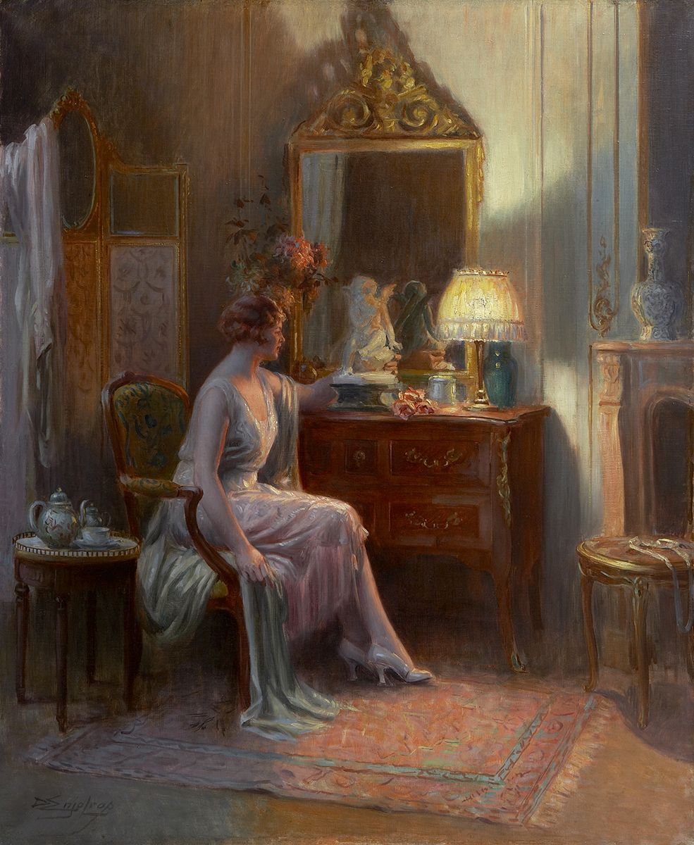 Elegant Lady Admiring a Sculpture by Delphin Enjolras,A3(16x12")Poster