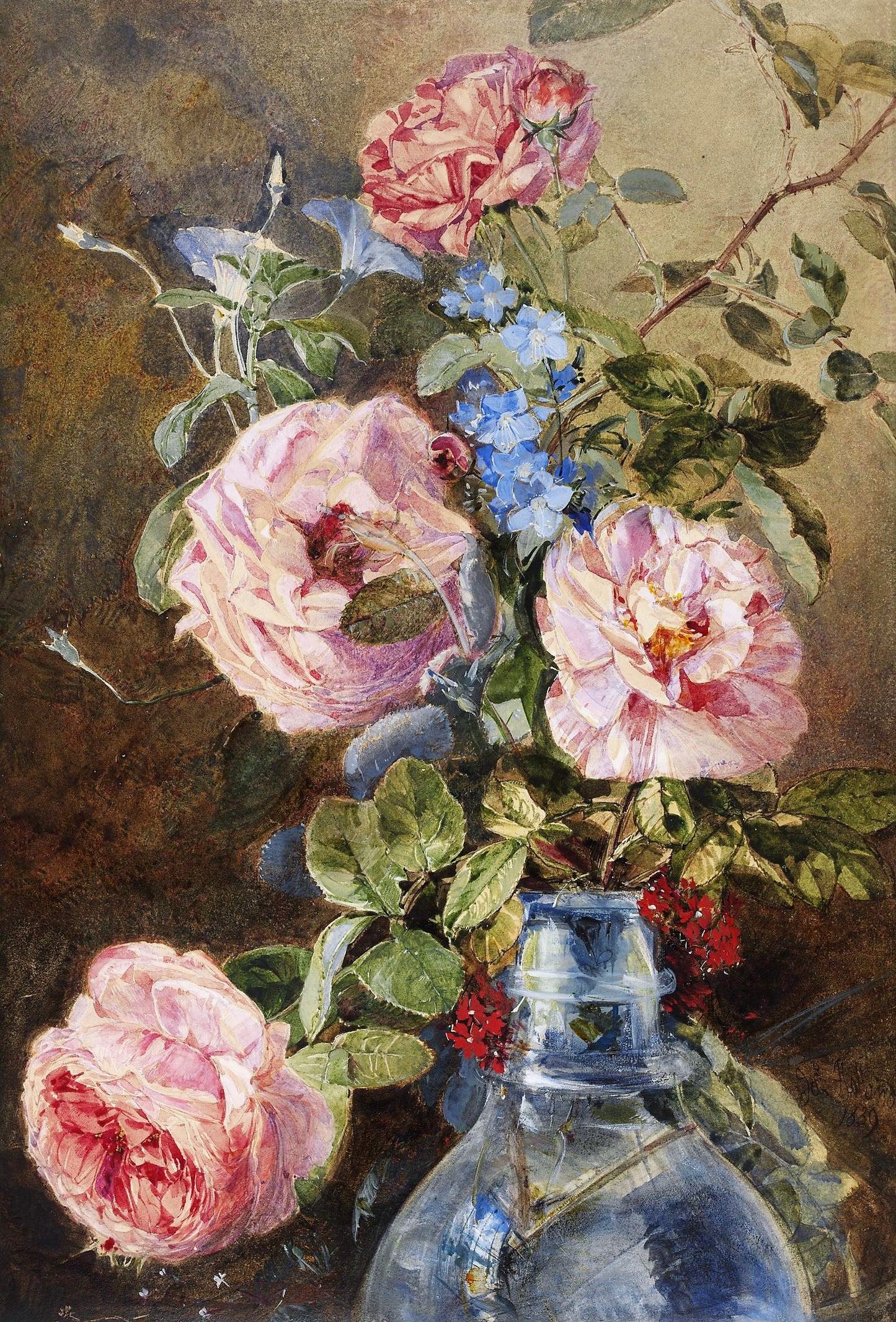 Roses, Convolvulus and Delphiniums in a Glass Vase, vintage artwork by James Holland, A3 (16x12") Poster Print