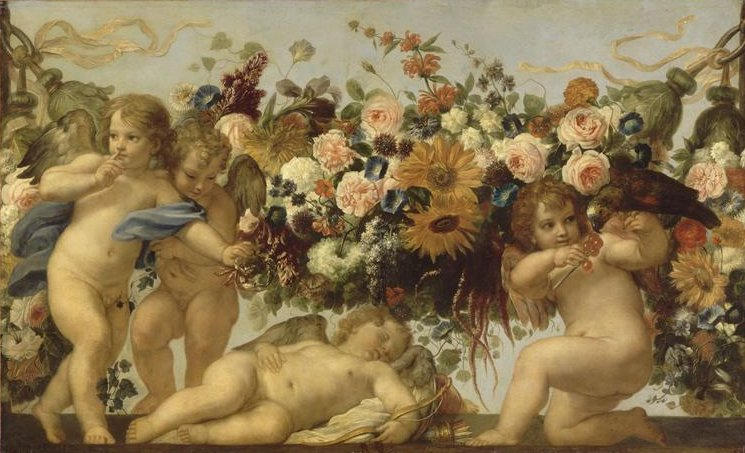Love and Garlands of Flowers, vintage artwork by Carlo Maratta, 12x8" (A4) Poster
