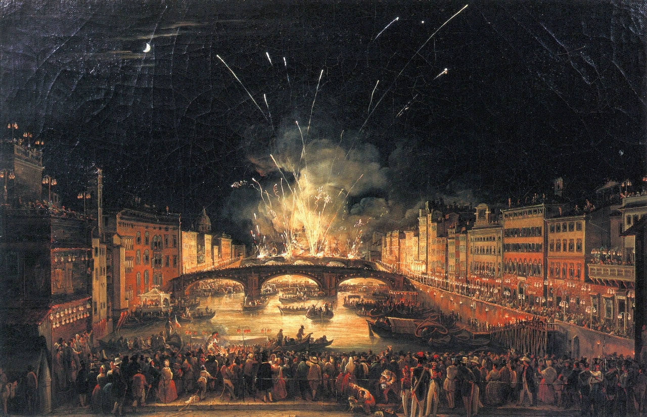 I foichi d'artificio sul Ponte alla Carraia per la festa di San Giovanni, vintage artwork by Giovanni Signorini, A3 (16x12") Poster Print