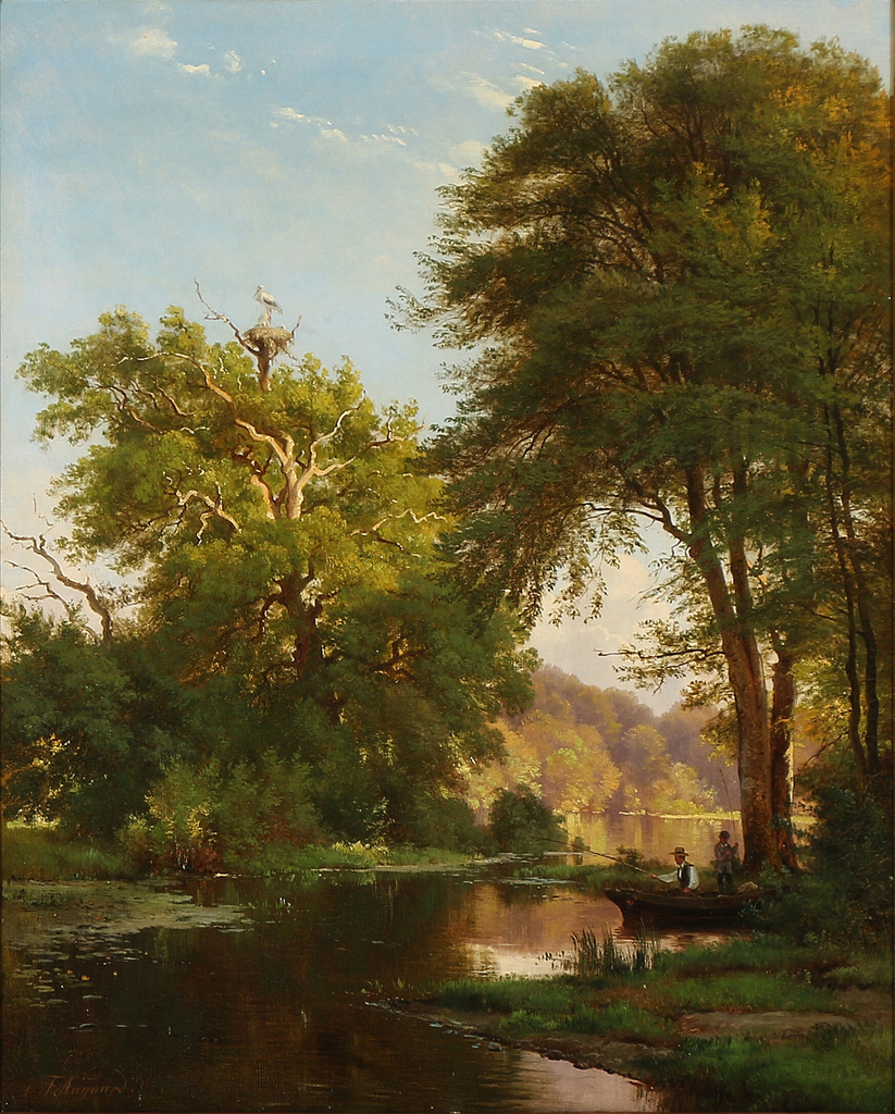 Man and Boy Fishing from a Boat, vintage artwork by Carl Frederik Aagaard, 12x8" (A4) Poster