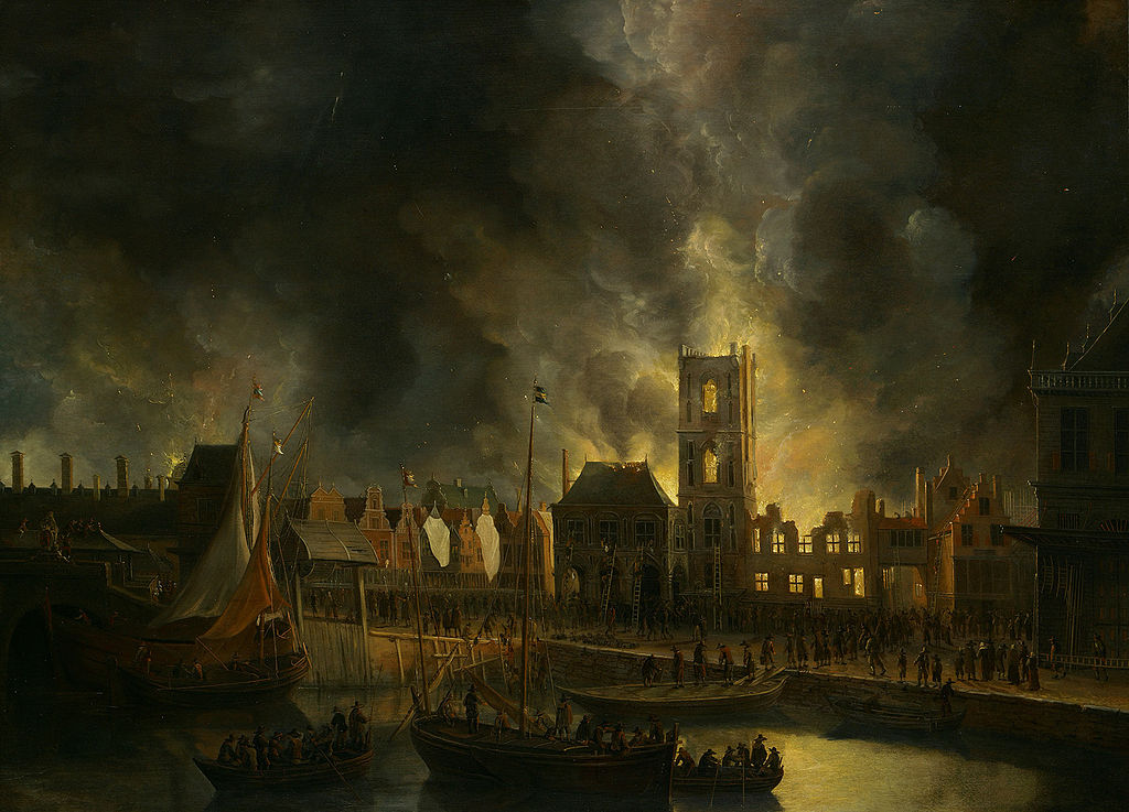 The Old Town Hall of Amsterdam on Fire, vintage artwork by Jan Abrahamsz Beerstraten, 12x8" (A4) Poster