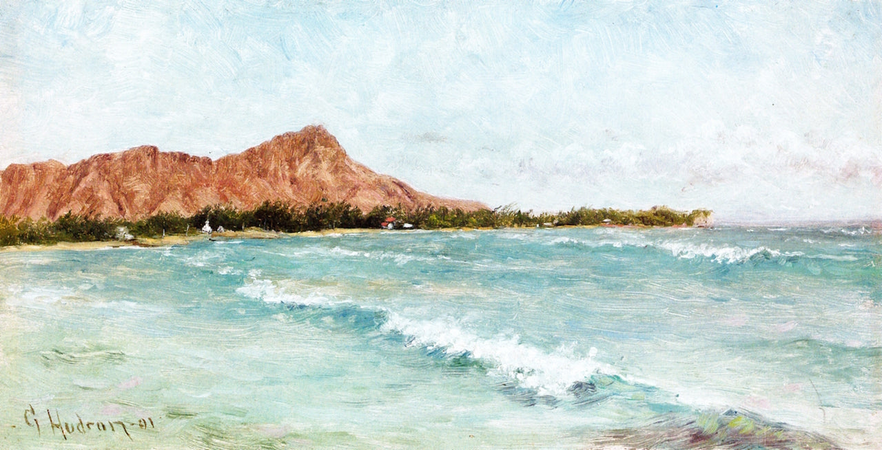 Waves and Diamond Head in Background, vintage artwork by Grace Carpenter Hudson, 12x8" (A4) Poster