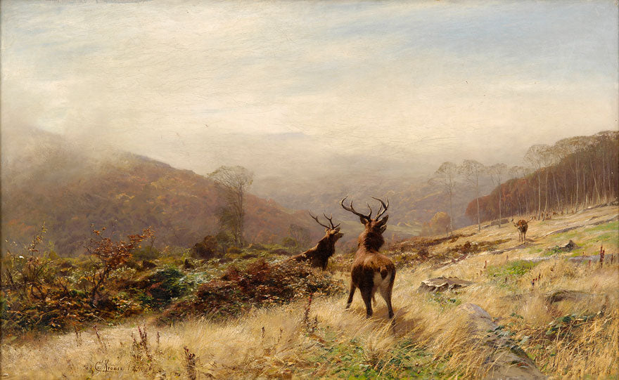 Autumnal Landscape with Three Deer, vintage artwork by Christian Johann Kroner, 12x8" (A4) Poster
