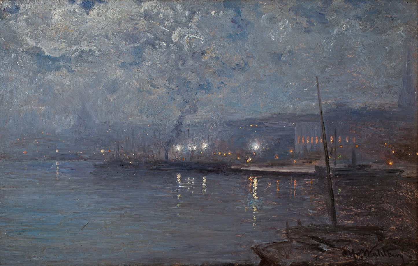 Stockholm by Night, vintage artwork by Alfred Wahlberg, 12x8" (A4) Poster