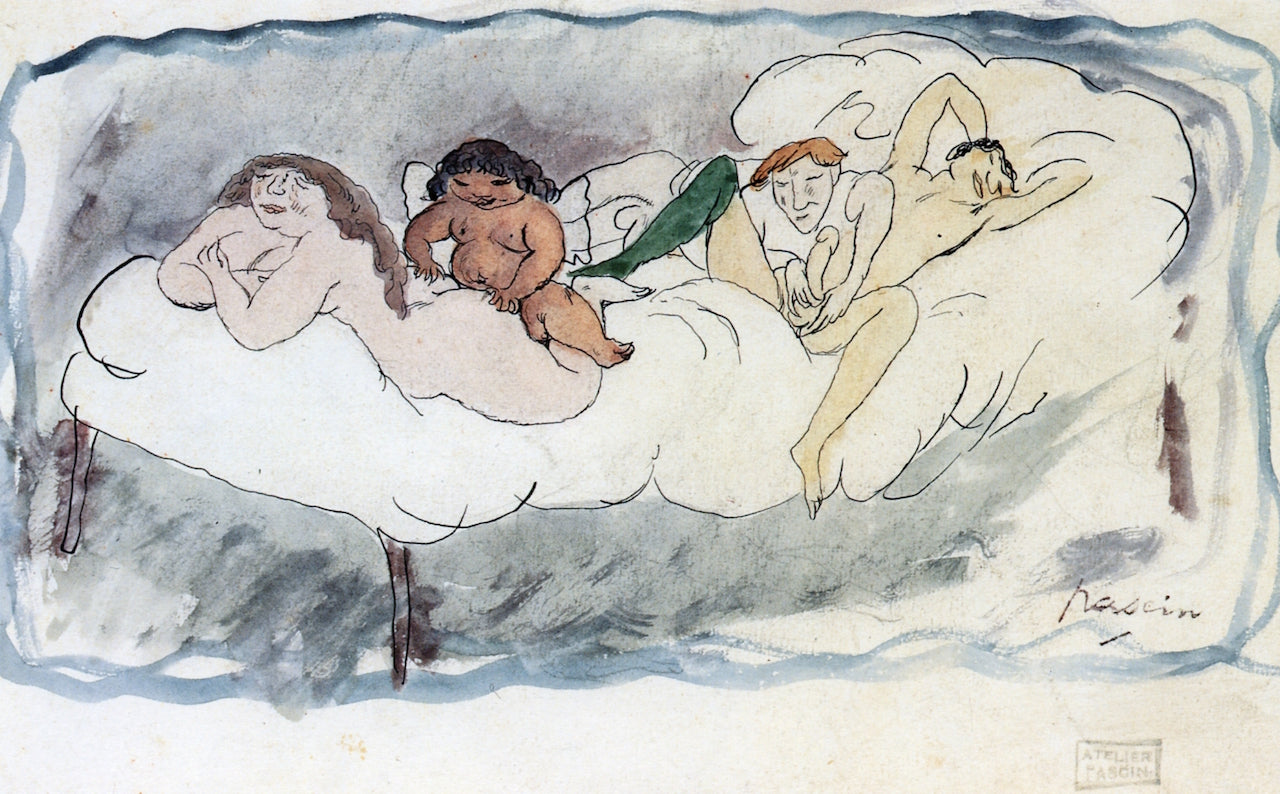 Four Figures on a Bed, vintage artwork by Jules Pascin, 12x8" (A4) Poster