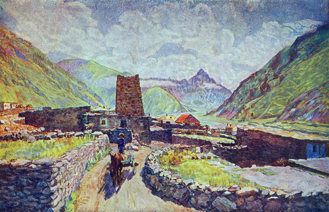 Georgia. View of Mount Kabardzhino and Village, vintage artwork by Ilya Mashkov, 12x8" (A4) Poster