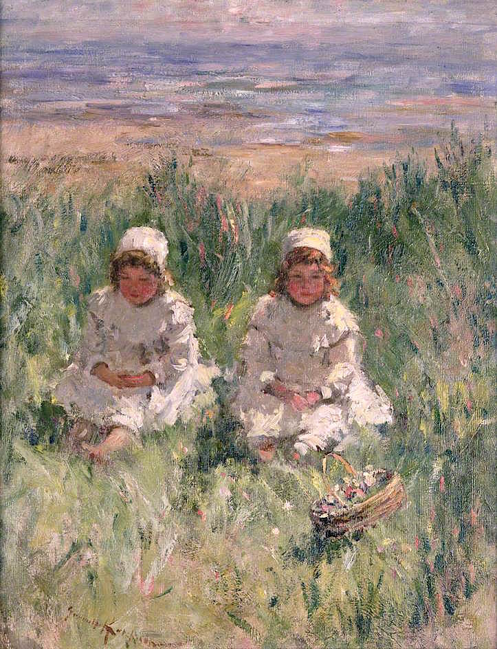 Picking Flowers on the Bents, vintage artwork by Robert Gemmell Hutchison R.S.A. R.S.W., 12x8" (A4) Poster