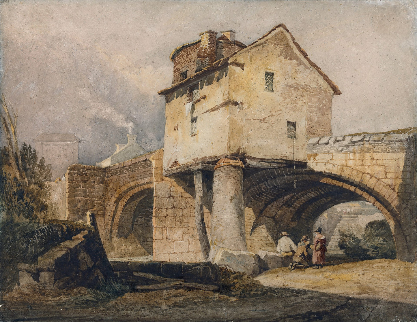 The Monnow Bridge, Monmouthshire, vintage artwork by Samuel Prout, A3 (16x12") Poster Print
