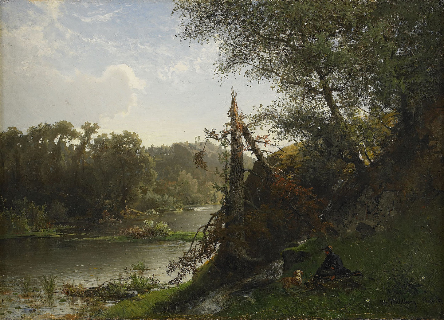 Landscape with a Hunter and Dog, vintage artwork by Alfred Wahlberg, 12x8" (A4) Poster