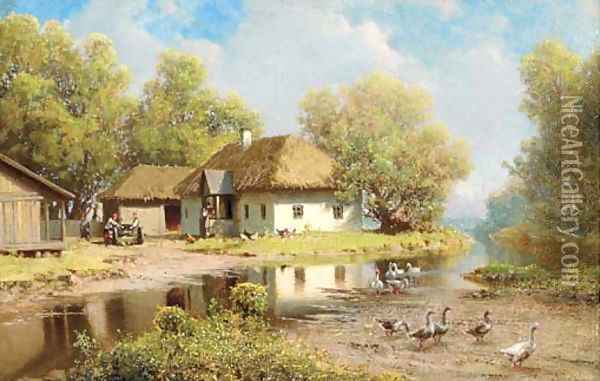 A Ukrainian Farmhouse by a River, vintage artwork by Petr Sukhodolsky, 12x8" (A4) Poster