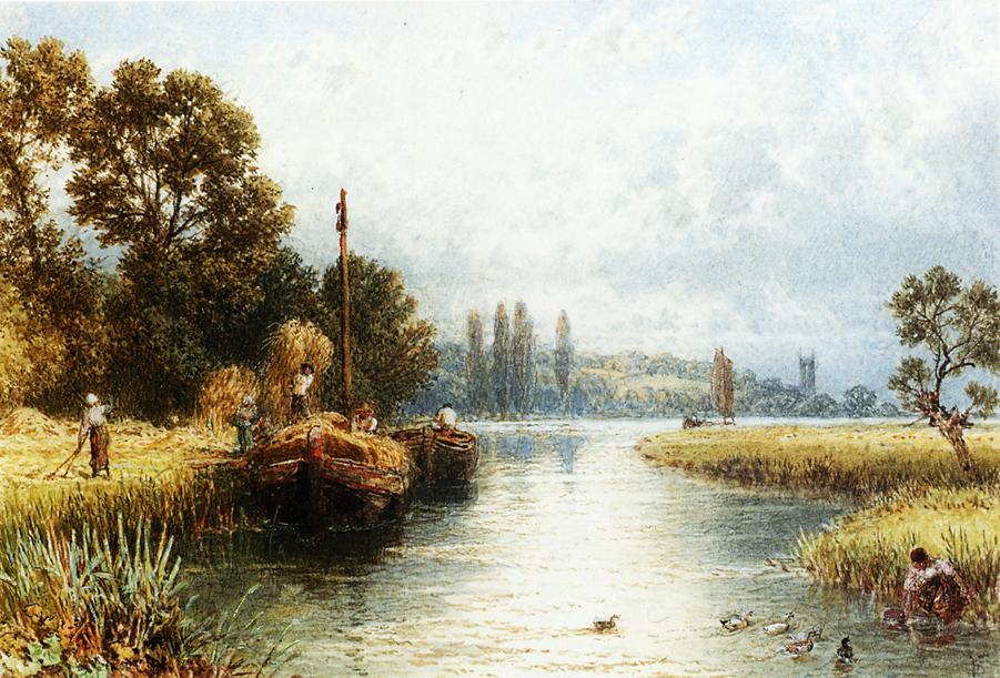 Loading the Hay Barges, with a Young Woman Taking Water from the River in the Foreground, vintage artwork by Myles Birket Foster, 12x8" (A4) Poster