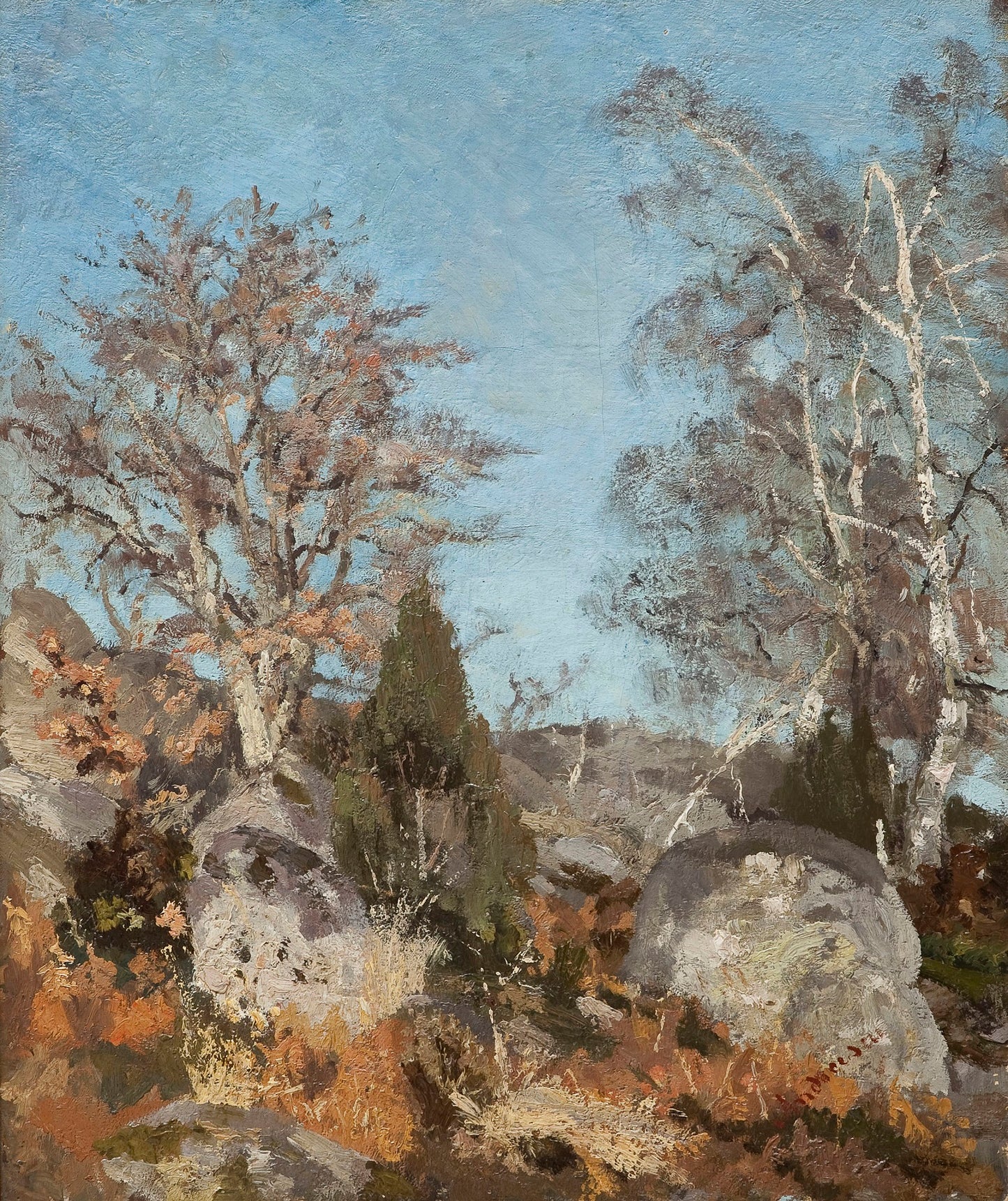 Rocks and Birch Trees, vintage artwork by Andreescu, Ion, 12x8" (A4) Poster