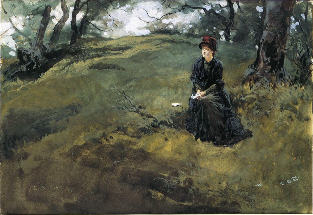 Young Woman in the Woods, vintage artwork by Edwin Austin Abbey, 12x8" (A4) Poster