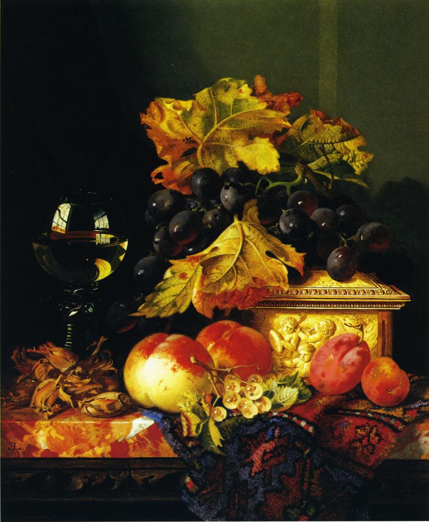 Black Grapes on a Carved Ivory Box, Peaches, Whitecurrants and Hazelnuts with a Hoch Glass on a Marble Ledge, vintage artwork by Edward Ladell, A3 (16x12") Poster Print