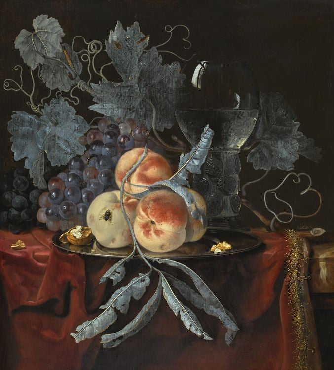 Still Life With Peaches And Grapes On A Pewter Plate, vintage artwork by Willem van Aelst, 12x8" (A4) Poster
