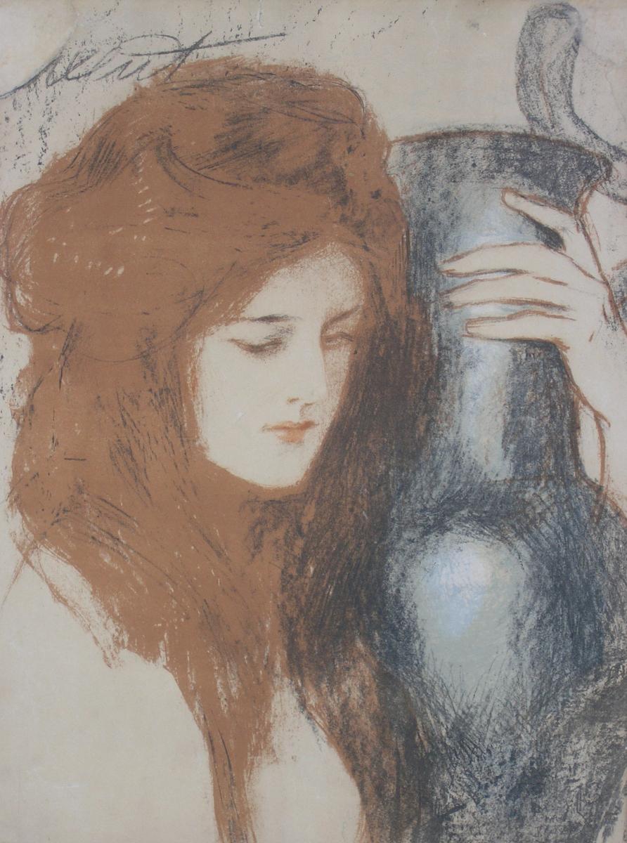 Girl with a blue jug, vintage artwork by Theodor Axentowicz, 12x8" (A4) Poster