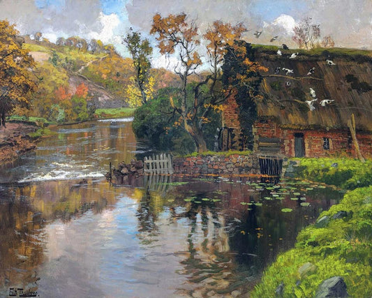 Cottage by  a Stream, vintage artwork by Fritz Thaulow, 12x8" (A4) Poster
