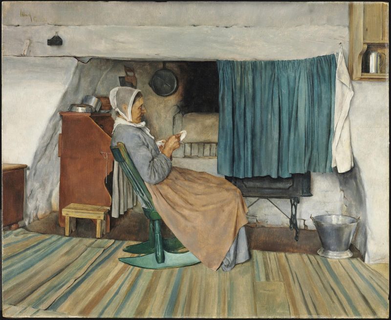 An Old Fire-Place Granny, vintage artwork by Charles Frederic Ulrich, 12x8" (A4) Poster