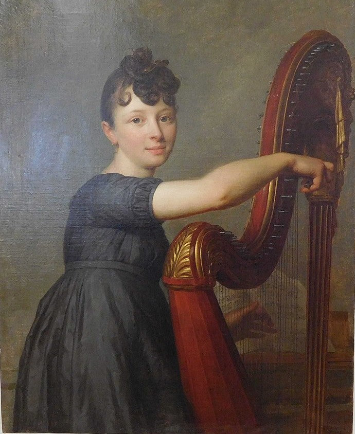 Portrait of Mademoiselle Larmoyer as Harpist, vintage artwork by Antoine Vestier, 12x8" (A4) Poster
