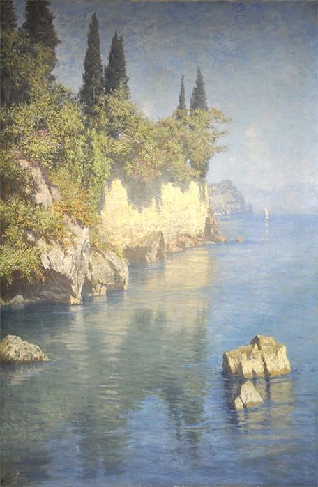 Sunny Day at the Villa Julia Lake Como, vintage artwork by Felix Possart, 12x8" (A4) Poster