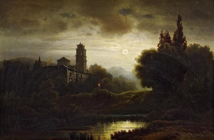 Romantic Landscape under a Full Moon, vintage artwork by Friedrich Carl Mayer, 12x8" (A4) Poster