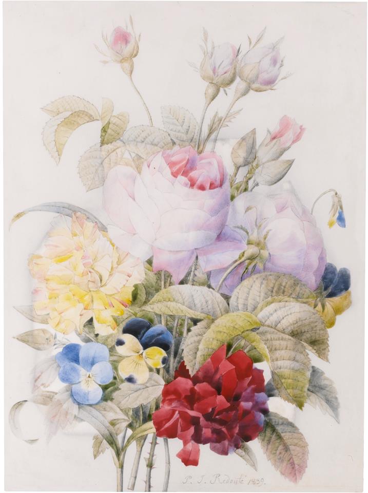 Bouquet with Pink Roses with Violas and Other Flowers, vintage artwork by Pierre-Joseph Redoute, 12x8" (A4) Poster