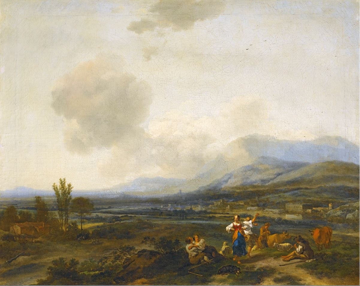 An Extensive Italianate River landscape with Herders dancing and Making Merry, vintage artwork by Nicolaes Berchem, 12x8" (A4) Poster
