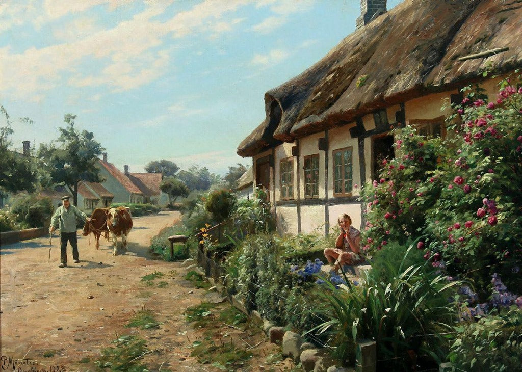 Village Life on a Nice Summer Day, vintage artwork by Peder Mork Mønsted, 12x8" (A4) Poster