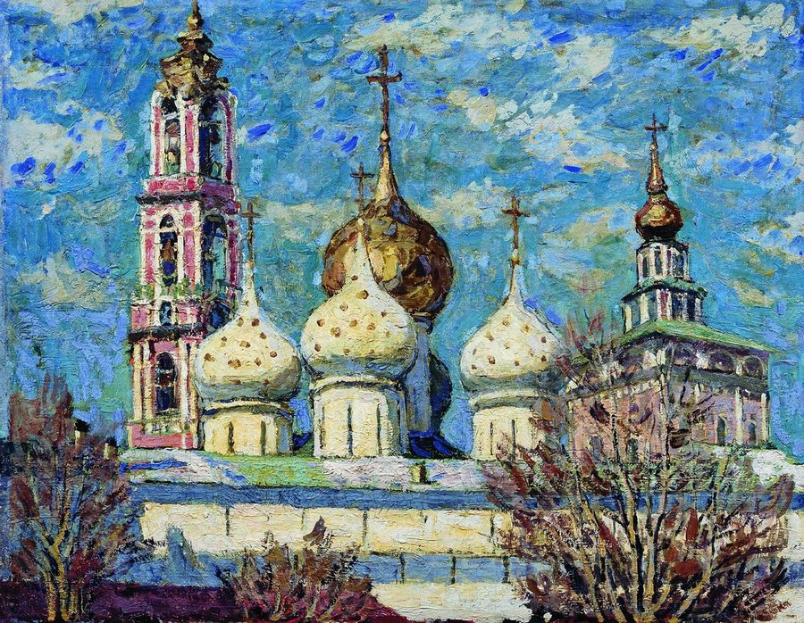 Trinity Monastery Domes, vintage artwork by Petr Petrovichev, 12x8" (A4) Poster