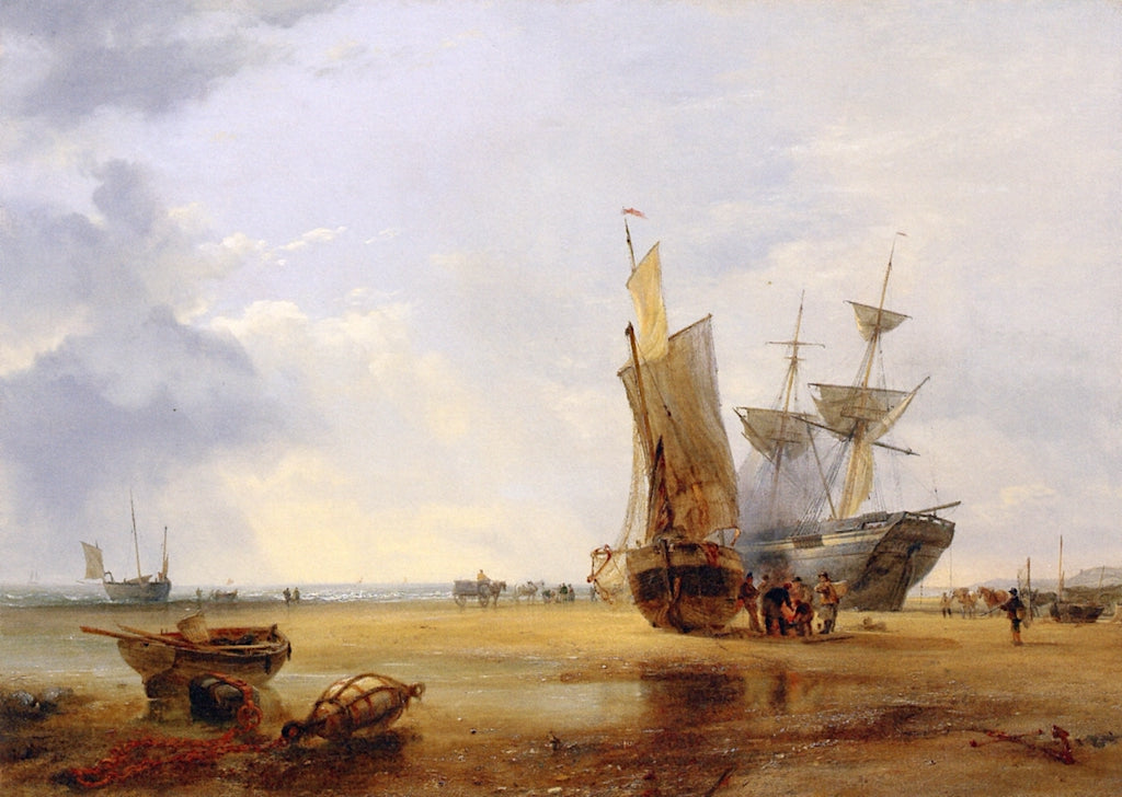 Brig on Sands: Vessels on the Sands at Hastings, vintage artwork by Edward William Cooke, R.A., A3 (16x12") Poster Print