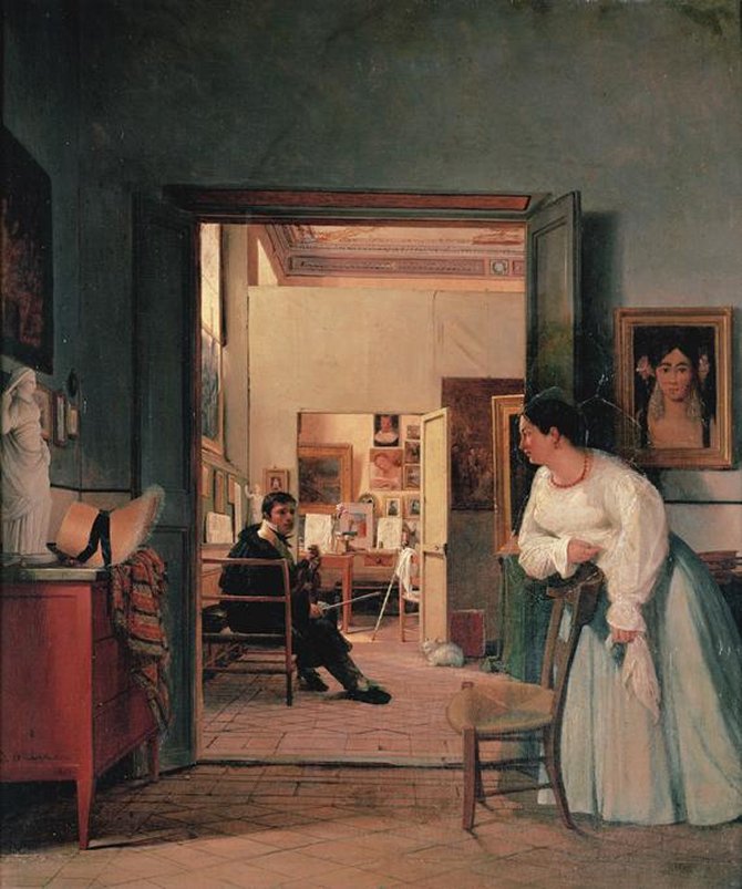 The Studio of Ingres in Rome, vintage artwork by Jean Alaux, 12x8" (A4) Poster