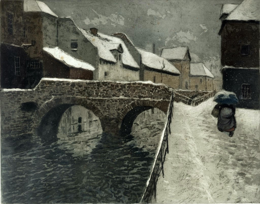 Bridge in Amiens in Winter, vintage artwork by Fritz Thaulow, 12x8" (A4) Poster