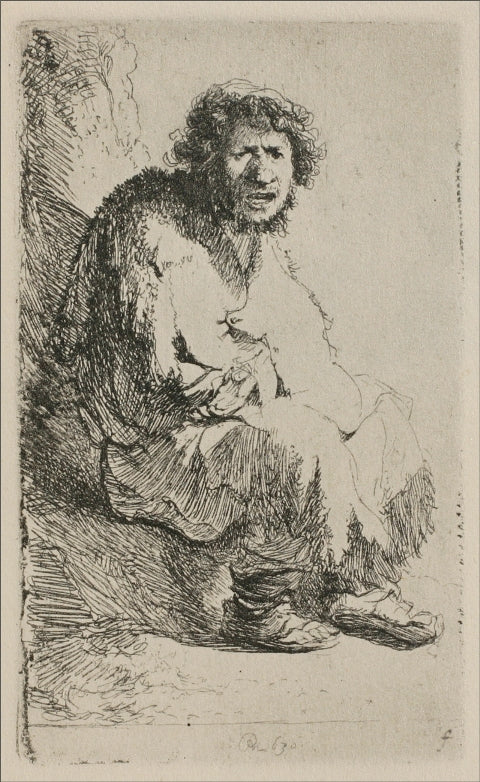 A Beggar Sitting on a Hollock, with his Mouth Open, vintage artwork by Rembrandt van Rijn, 12x8" (A4) Poster